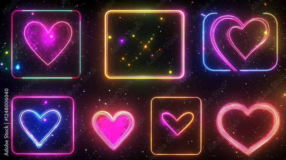 Poster white frames made of glowing neon lightning. realistic vector set of rectangle, round and heart shap