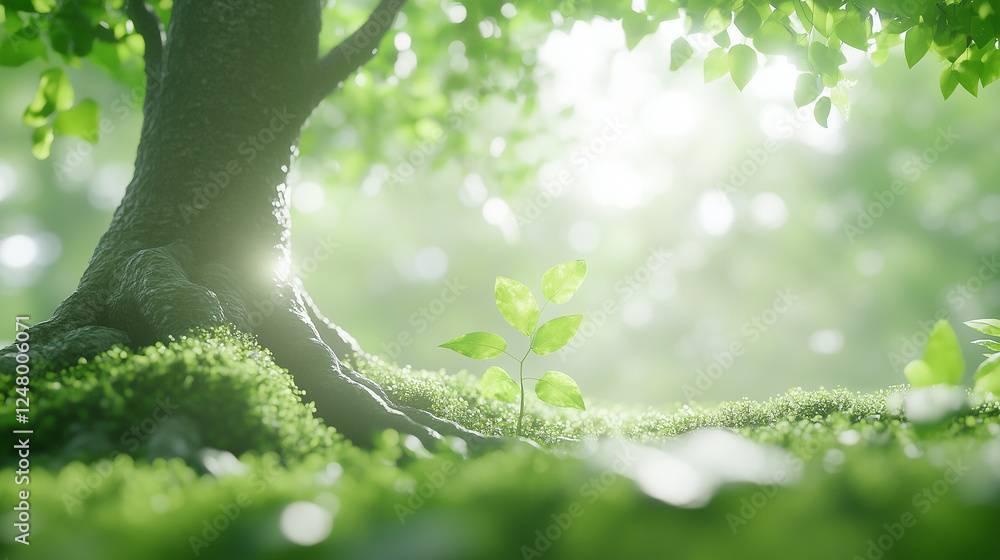 Poster sunlight filtering through forest canopy: a young sapling emerges from the verdant ground beneath a 