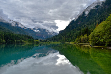 forest reflecting on mountain lake, North Cascades National Park, Washington