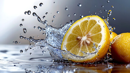 A splash of water surrounds a lemon slice. generated using AI