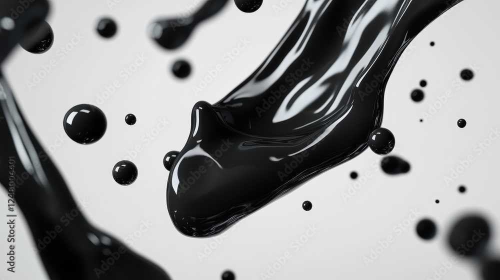Poster black liquid splashes, swirl and waves with scatter drops. paint, oil or ink splashing dynamic motio