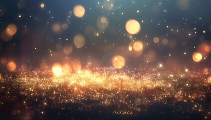 Naklejka premium Abstract background featuring golden glitter and bokeh lights, dark blue and navy gradient, creating a festive and glamorous atmosphere, with golden lights glowing at the center