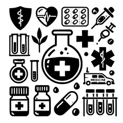 Health and Medical Icons: A Collection of Medical Symbols and Elements, including a Caduceus shield.