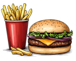 Hand-drawn burger and fries combo