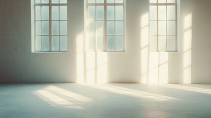 Sunlight streams through three large windows in a minimalist white room, casting long shadows on the floor.