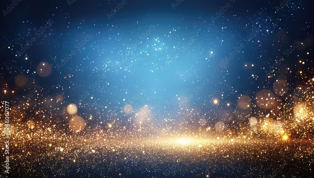Poster dark blue background with glittering golden particles, creating a festive and elegant atmosphere. sp