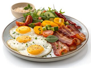 fried eggs with bacon and vegetables
