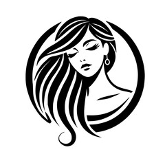 Silhouette of a beautiful woman with long flowing hair, a relaxed pose, and a minimalist design, set inside a circle.
