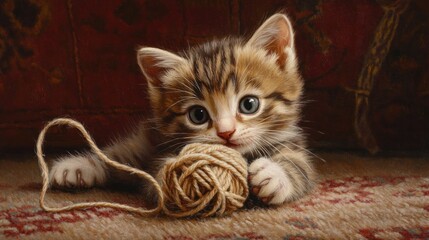 Adorable Kitten Playing with Yarn Ball
