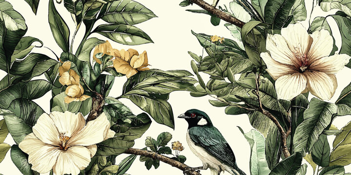 Tropical vintage wild pattern, banana tree, exotic flowers and bird floral seamless border beige background. Exotic abstract jungle Vector wallpaper