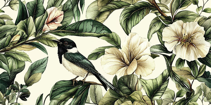 Tropical vintage wild pattern, banana tree, exotic flowers and bird floral seamless border beige background. Exotic abstract jungle Vector wallpaper