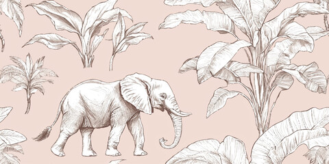 Seamless vector pattern, detailed illustration showing a tropical landscape and elephant in pink beige toile style, Design fabric, cover, banner, invitation