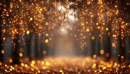 Naklejka premium Warm golden lights illuminate a mystical forest, creating a magical atmosphere