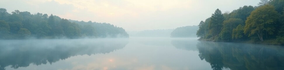 misty morning on calm lake with trees reflected, atmosphere, calm, serene