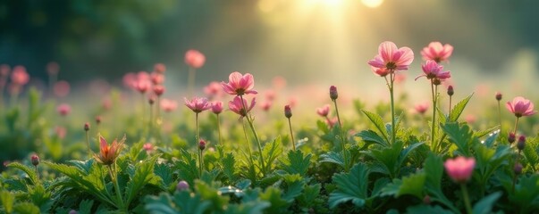 Misty morning dew glistening on corostavnika flowers, landscape, mist