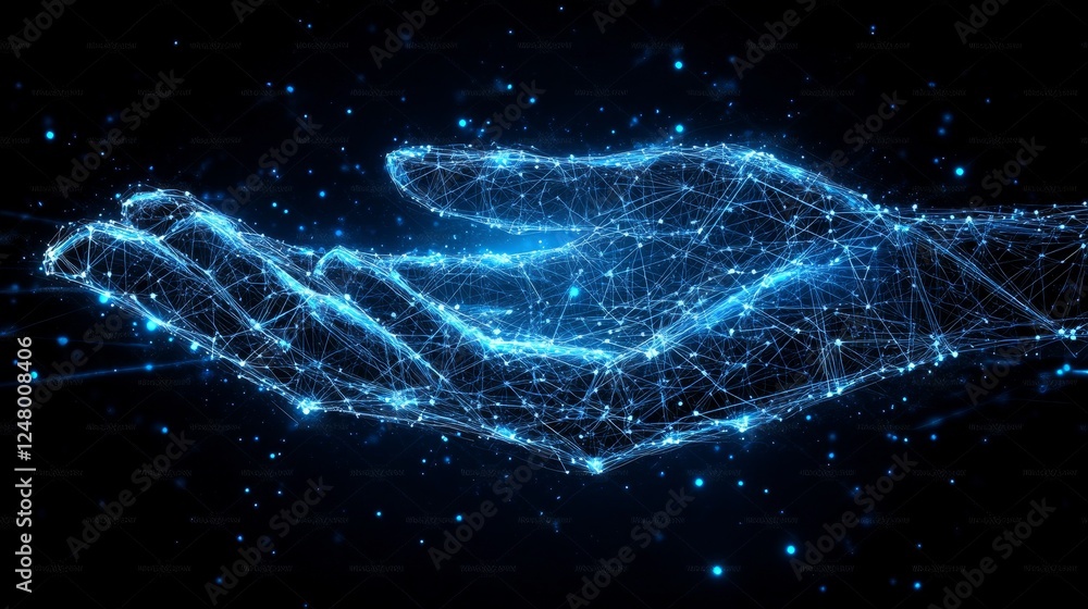 Poster abstract digital hand giving light particle energy flow network