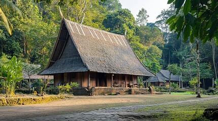 Traditional Indonesian House In Lush Green Forest Setting