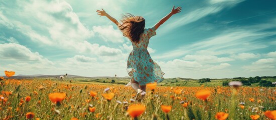 Happy freedom young woman in a meadow with their hands up sunset view landscape. AI generated