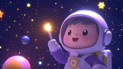 Cute cartoon astronaut child holding glowing stick in space.