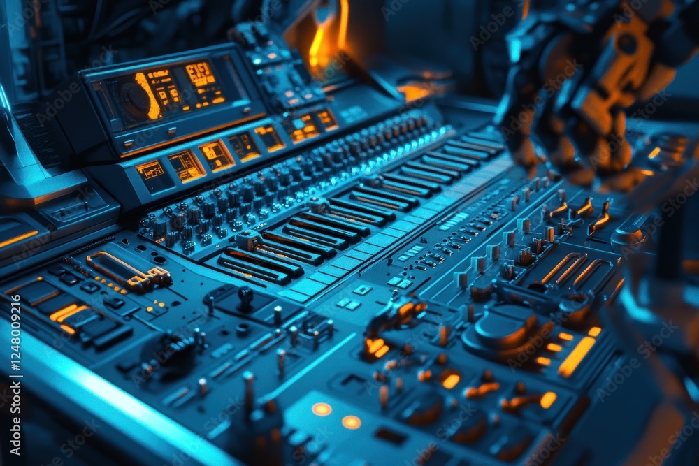 Aufkleber close-up of a futuristic audio mixing console with glowing buttons and knobs, controlled by a roboti
