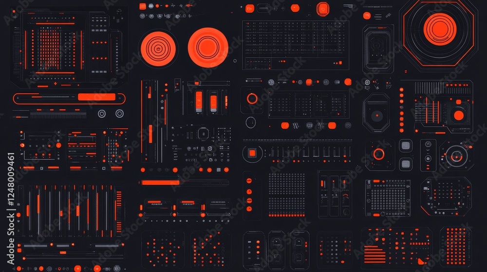 Poster abstract futuristic technology interface digital panel design neon red orange glowing lines circuit 