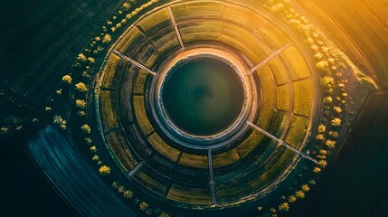 Obraz premium Futuristic digital interface, vibrant glowing circular patterns with data elements, tech innovation for presentations and designs.