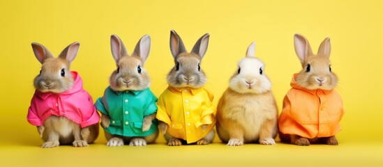 Obraz premium Fashionable rabbits in colorful shirt isolated pastel background