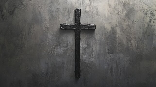 a simple and symbolic ash cross drawn on a textured gray background, with soft lighting creating a peaceful and reflective mood, perfect for Ash Wednesday