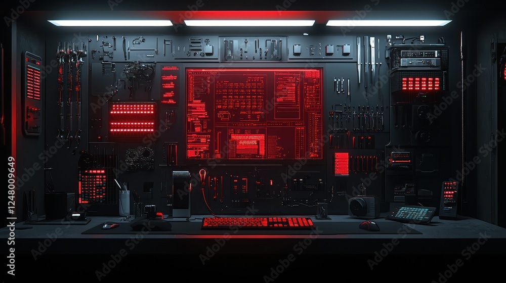 Poster hacker's workspace red-lit tech setup, tools, background
