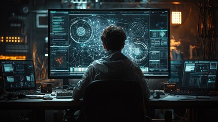 Hacker analyzing data on large monitor in dark room