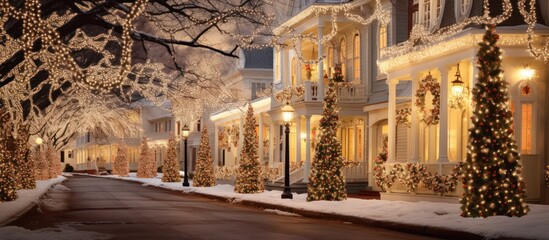 Fototapeta premium Christmas Lights outside on a white Houses color and trees at night.