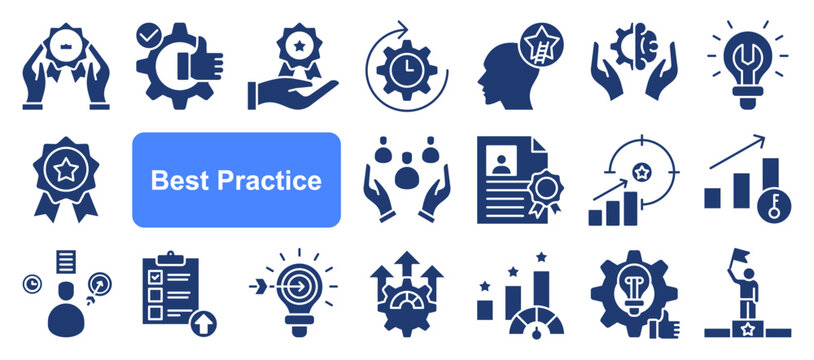 Best Practice icon. Standards Compliance, Excellence Model, Benchmarking Process, Optimal Performance, Quality Assurance, Effective Strategies and Proven Methodsm icon web banner