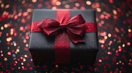 Discover Black Friday deals A luxurious black gift box with a vibrant red ribbon placed against colorful confetti on a deep marsala background Perfect for your custom advertisement