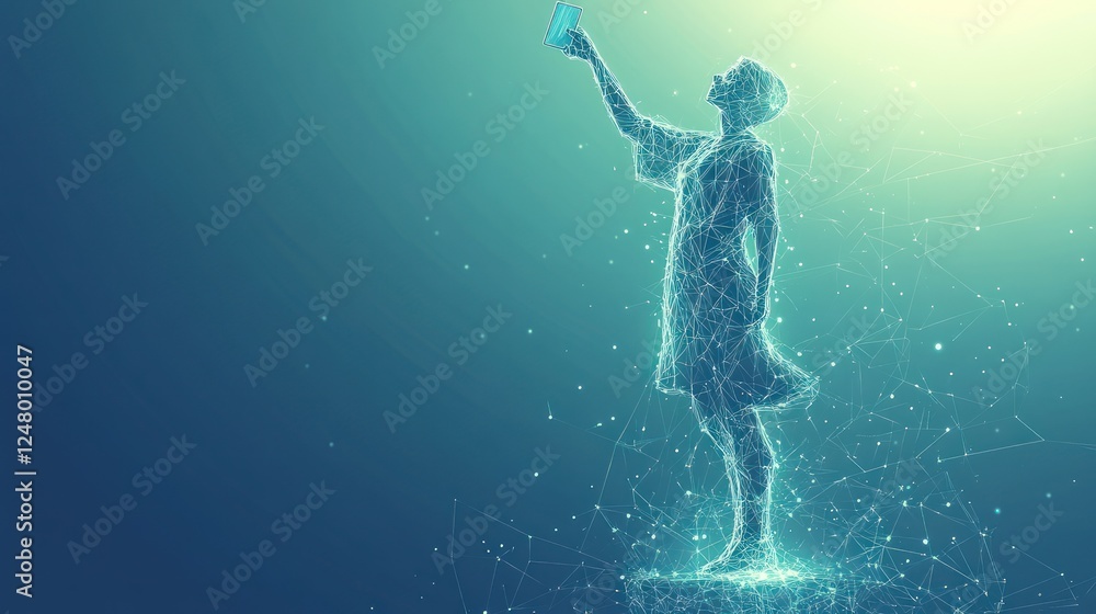 Canvas Prints Woman holding glowing digital card, polygonal art.