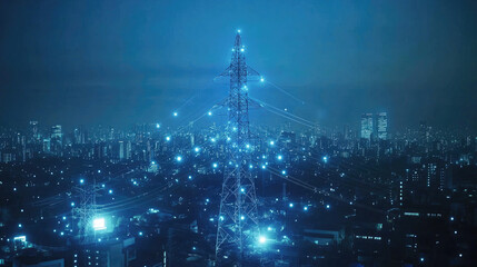Fototapeta premium Power Grid with Electric Towers Illuminated by City Lights at Night