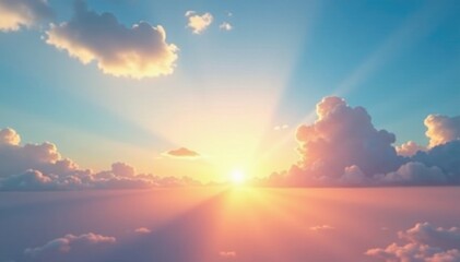 Fototapeta premium Gentle dawn sky with wispy clouds and sun rays breaking through, cloudy, serene sky, gentle hues