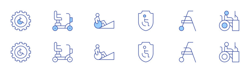 Disability icon set in two styles, Duotone and Thin Line style. Editable stroke. accessibility, wheelchair, ramp, protection, handicapped, worker