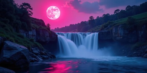 Full moon casts a pink glow on a cascading waterfall in the fading light, gentle, soothing, pinkglow