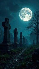 Full moon casting an eerie glow on a row of crumbling gravestones, cemetery, spooky