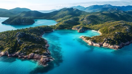 Obraz premium Aerial view of tropical islands, lush greenery with turquoise waters, serene landscape ideal for travel inspiration and relaxation.