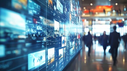 Blurred people walking past a large digital display showing various images and data.