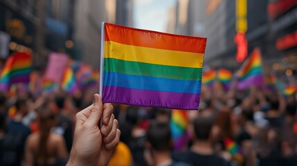 A close-up image of a Caucasian hand waving a small rainbow pride flag against a bold yellow backdrop symbolizes LGBTQ+ support and pride.