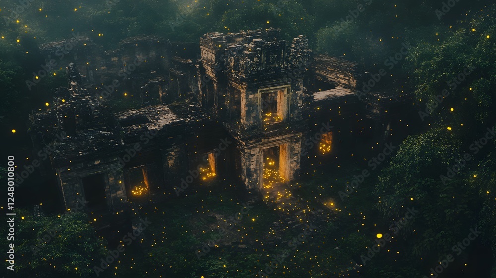 Poster mysterious forest castle, enchanting architecture nestled in dense woods, illuminated windows create