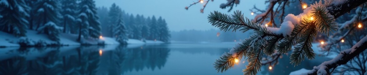 Frosty tree branches adorned with twinkling lights, evergreen trees, frozen lake, frosted tree