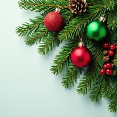 Obraz premium Decorative evergreen branches with red and green ornaments, pinecones, and berries, festive, winter