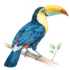 Fototapeta premium Watercolor Toucan Illustration Vibrant Blue, Yellow and Orange, Tropical Bird on Branch, Wildlife Art Toucan, Watercolor Painting