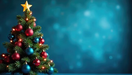 Obraz premium Decorated Christmas tree with colorful balls and lights against a blue defocused background, holiday season, blue color