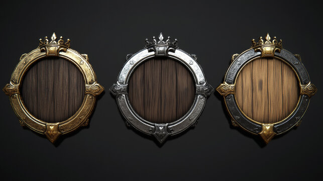 Rank avatar frame, fantasy game ui button icon. Gold and metal round level ring design with crown. Medieval gui interface badge set. Empty silver and wooden circular royal rpg menu asset kit for user