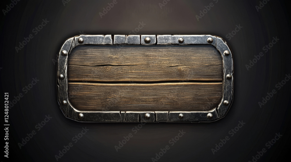 Poster medieval ui game wooden button with metal frame sprite for animation. fantasy rpg title sign design 
