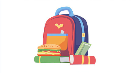 Kid backpack and lunchbox for school illustration. Sandwich and snack in plastic container for breakfast or dinner. Child lunchtime to eat isolated item. Rucksack element with books clipart set